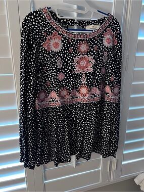 Embroidered Polka Dot Peplum Blouse - Black with Pink Accents